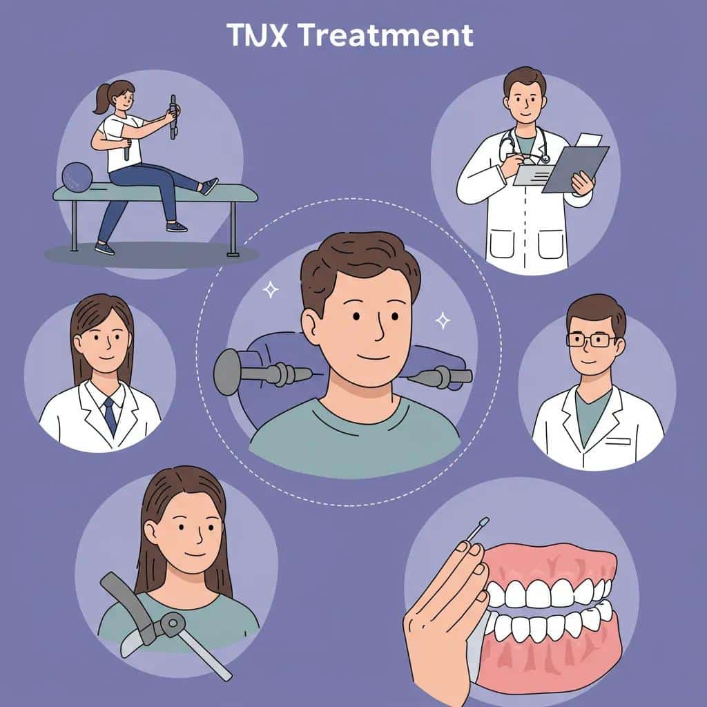 Illustration of various TMJ treatment options including therapy and oral appliances