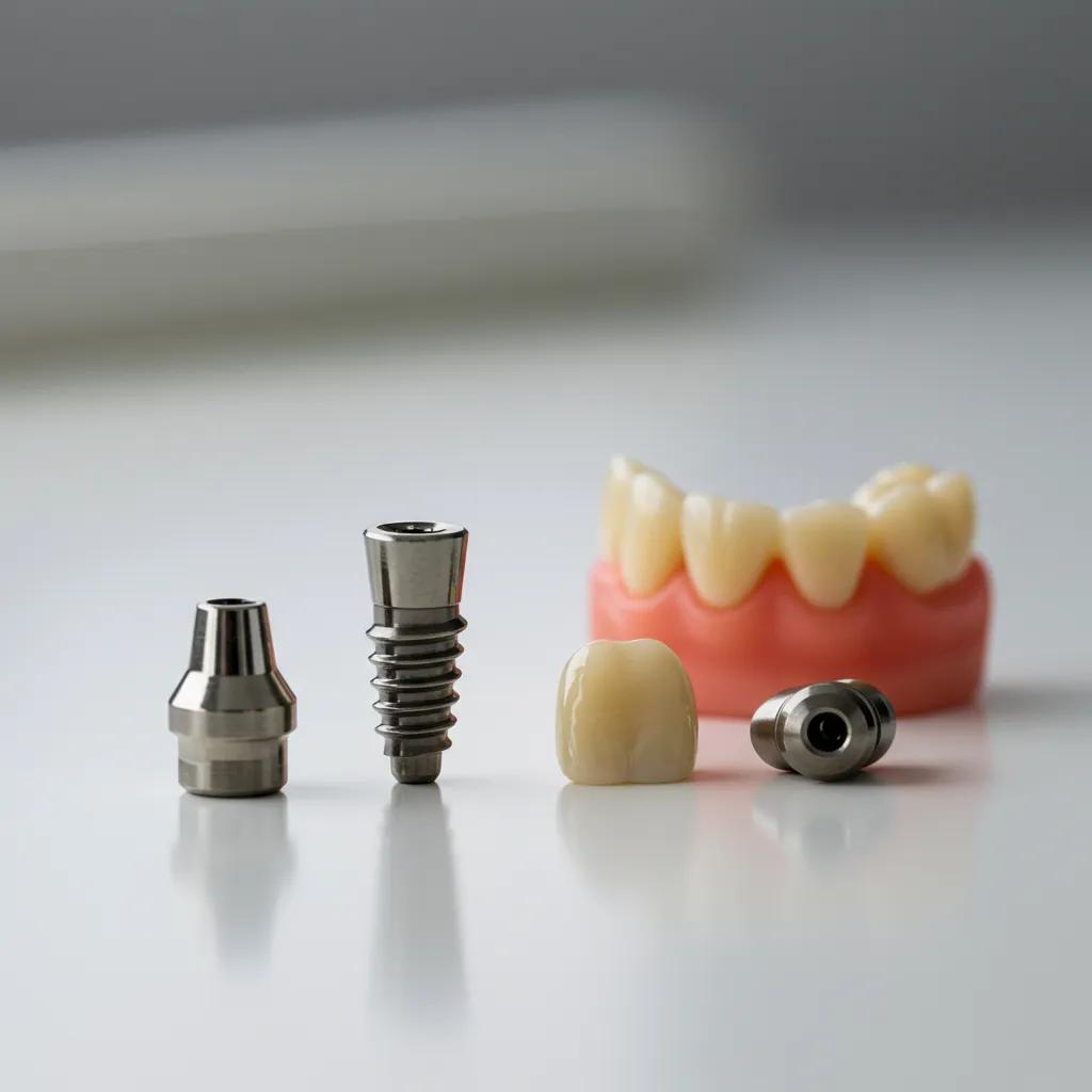 Key components of dental implants including post, abutment, and crown
