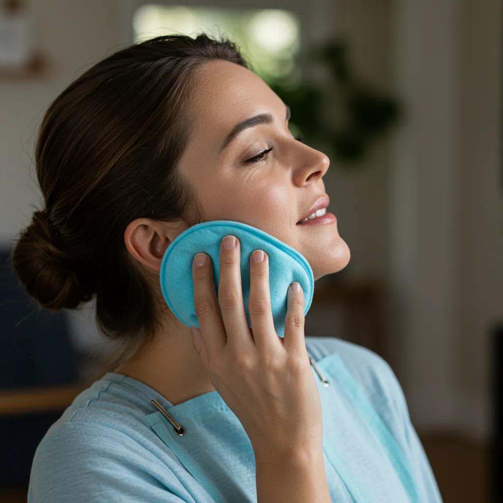 Patient gently applying a cold pack to their jaw for dental implant aftercare at home