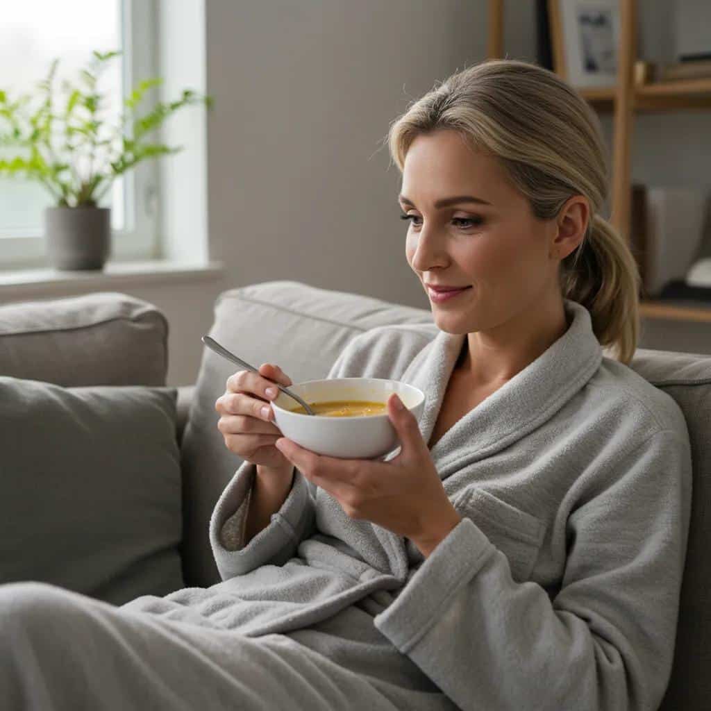 Patient comfortably at home following post-operative care after immediate dental implant placement, looking relaxed