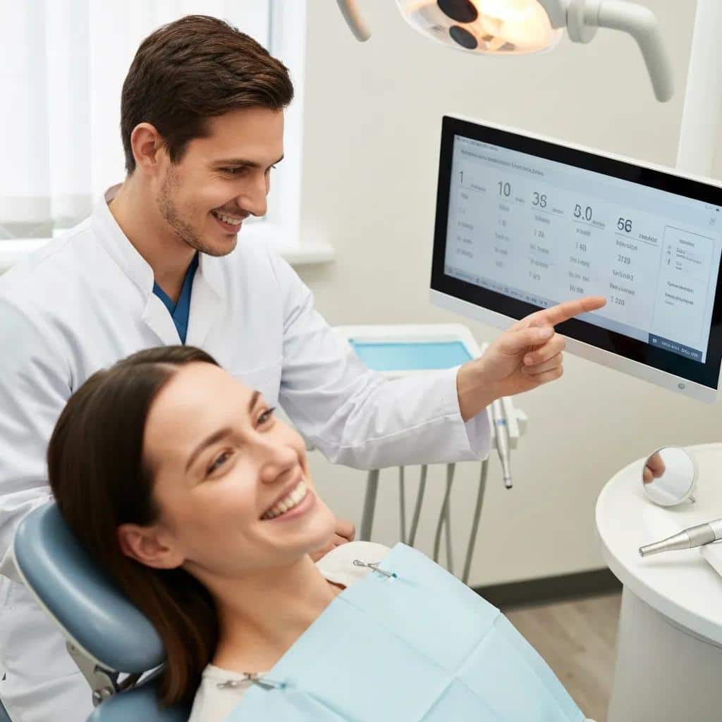 Dentist and patient reviewing implant longevity during a consultation in a modern office