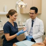 Patient consulting with dentist about dental implants in a welcoming clinic