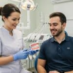 Patient consulting with dentist about dental implants in a welcoming dental clinic