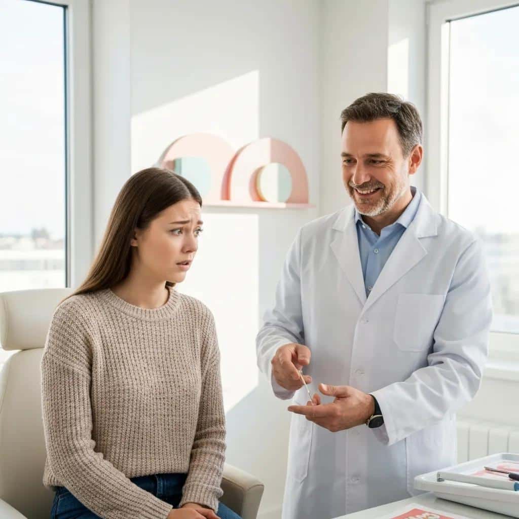 Patient discussing dental implant failure symptoms with a dentist in a bright dental office