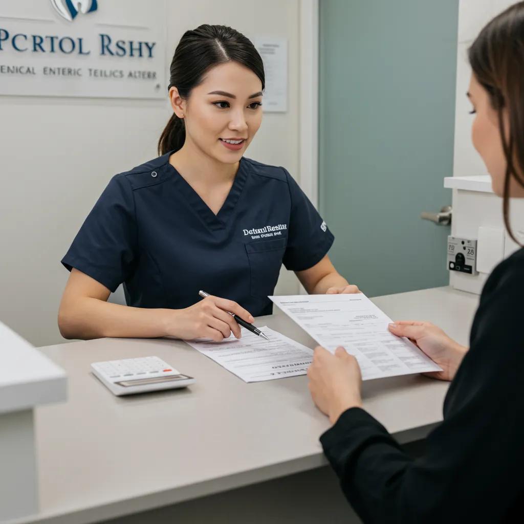Patient discussing financial options for dental implants with dental office staff