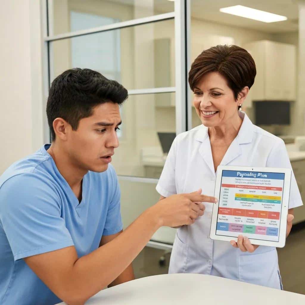 Patient discussing financing options for dental implants with dental staff