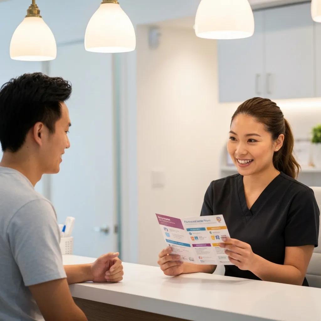 Patient discussing financing options for dental implants with staff