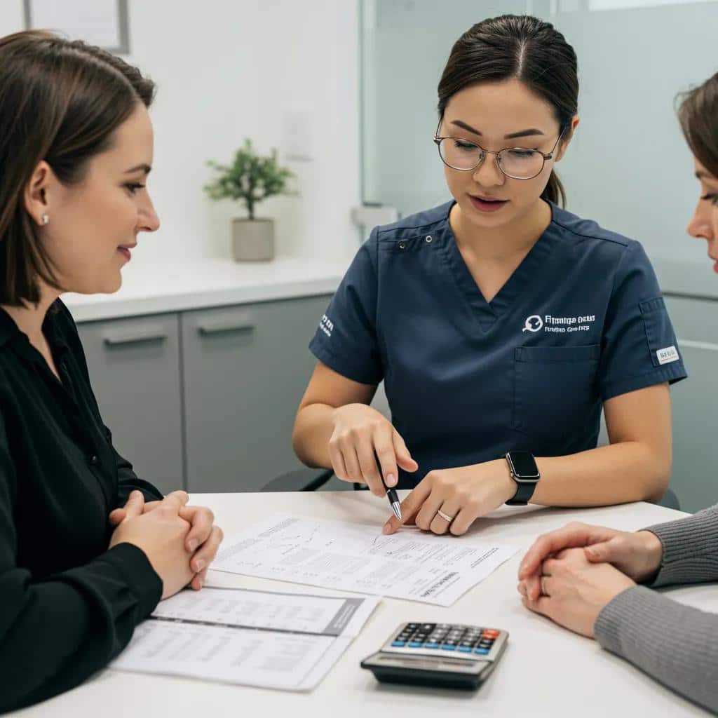 Patient discussing financing options for dental implants with staff