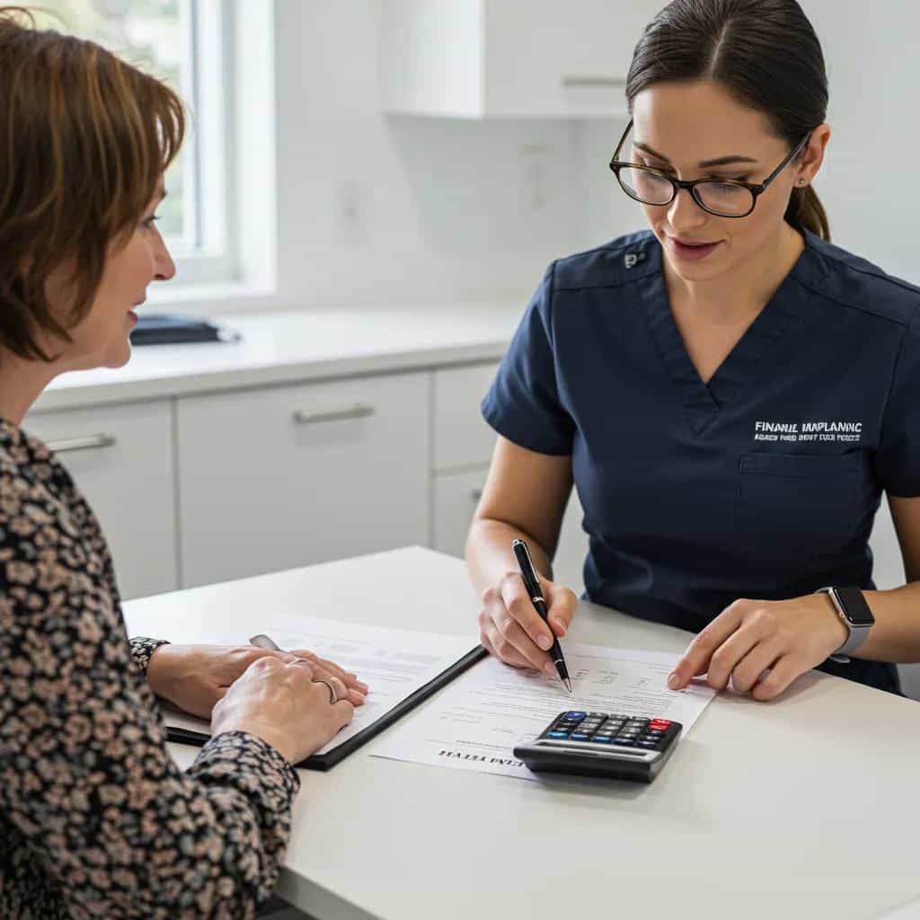 Patient discussing financing options for dental implants with staff