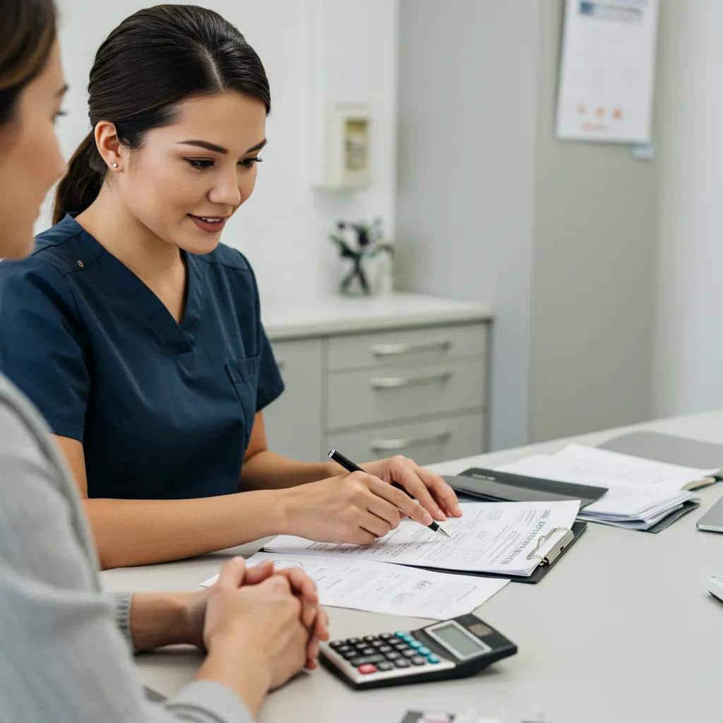Patient discussing financing options with dental office staff in a modern setting