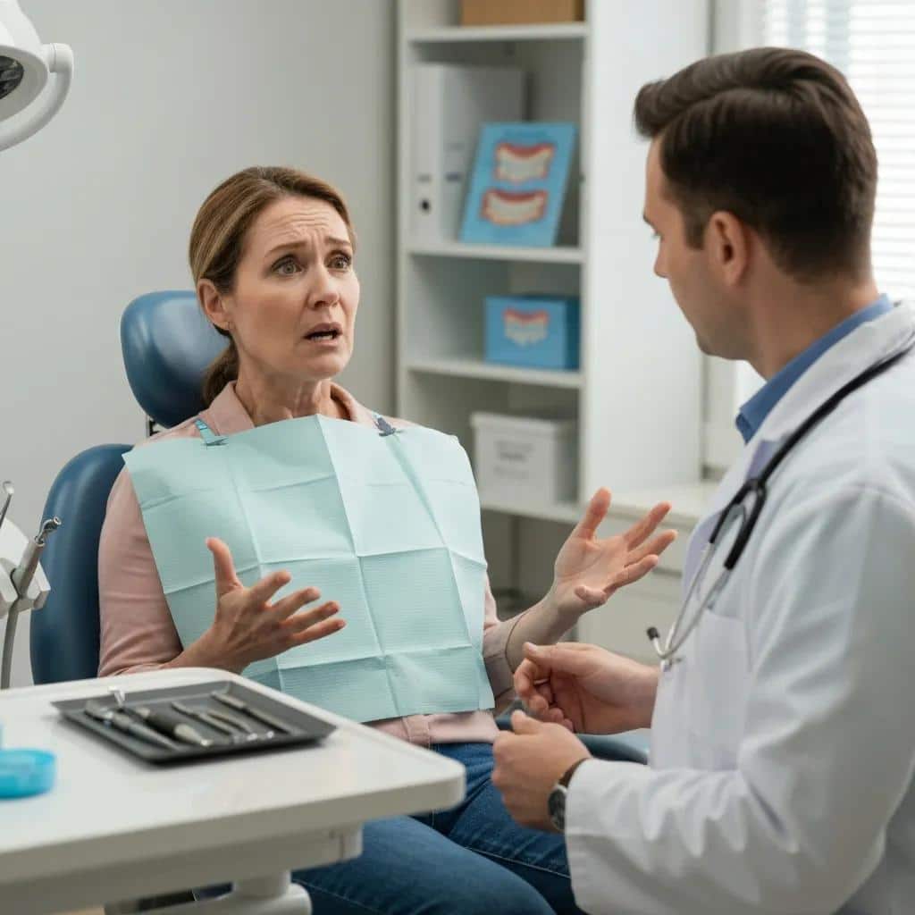 Patient discussing pain related to dental implant with dentist in office