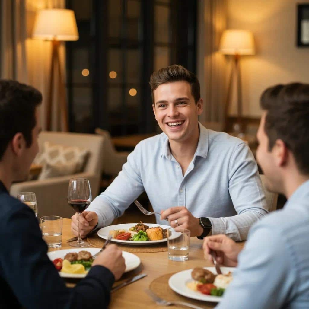 Grand Prairie patient smiling while eating with friends, reflecting satisfaction after dental implants