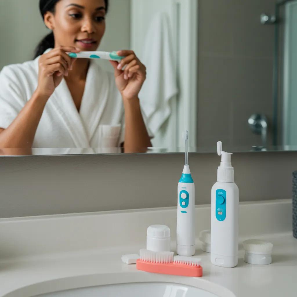 Patient performing daily dental implant care routine at home with interdental brush and water flosser