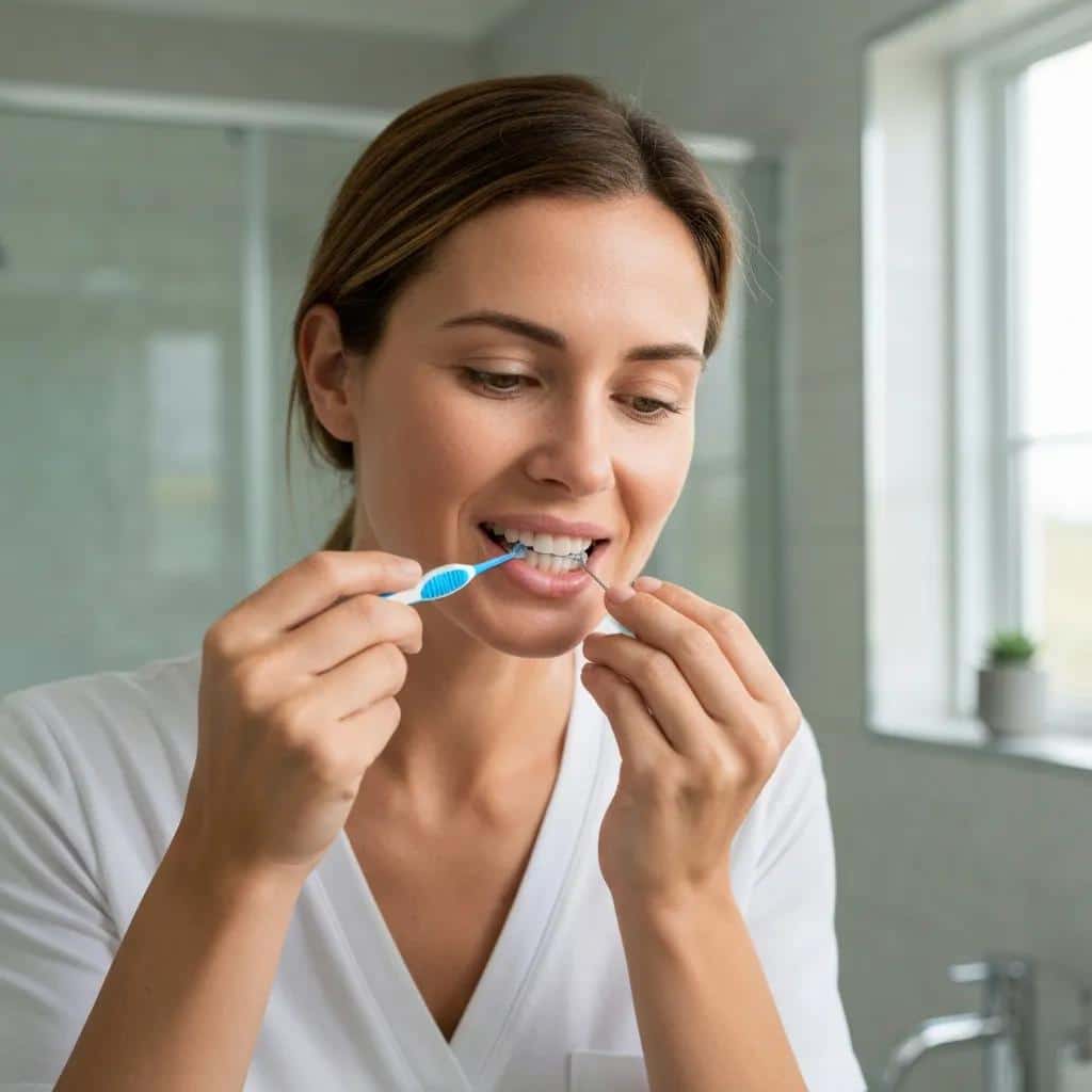 Patient doing daily home care for implant maintenance