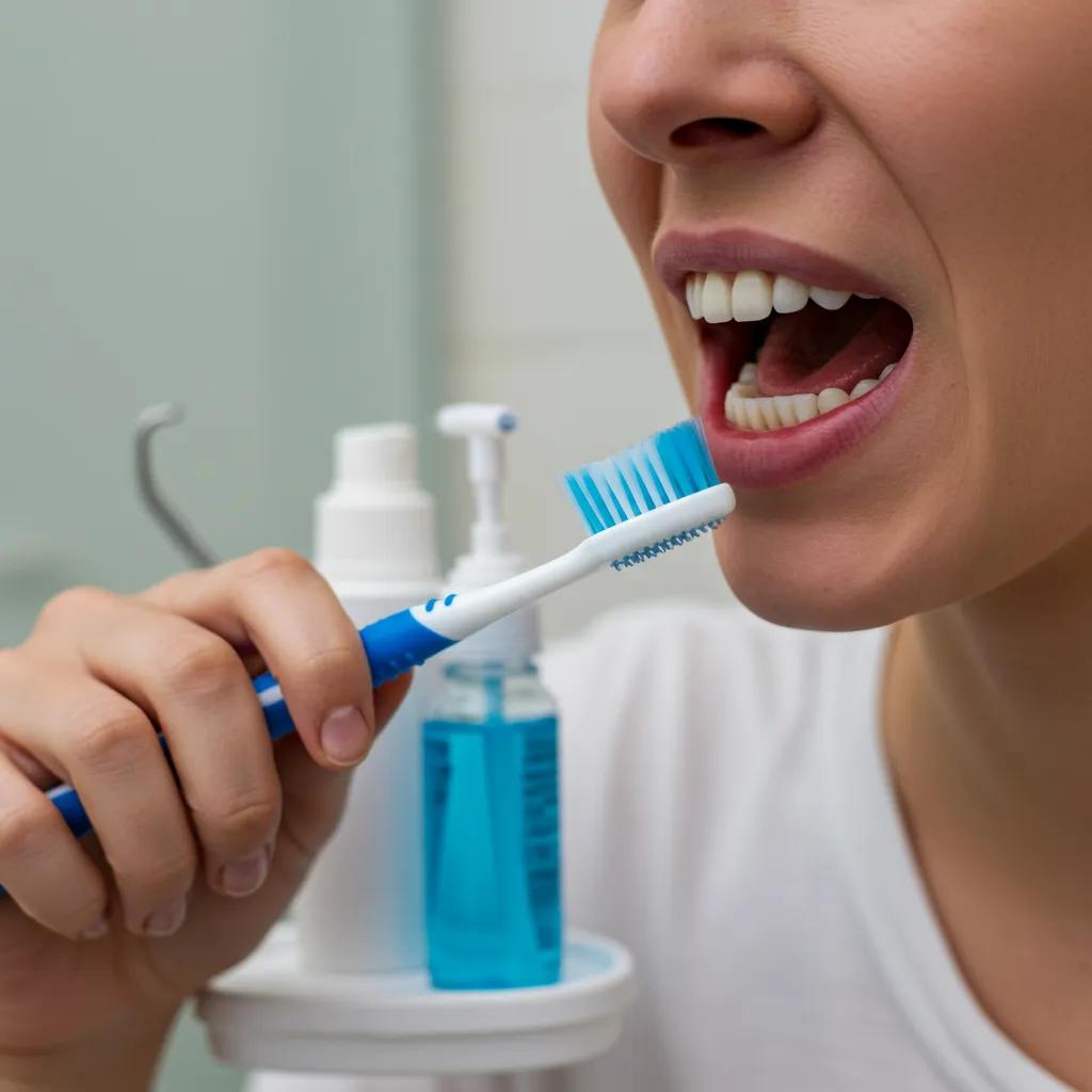 A patient in Fort Worth demonstrating proper daily dental care for implants using a soft toothbrush and interdental brush, emphasizing effective aftercare techniques.