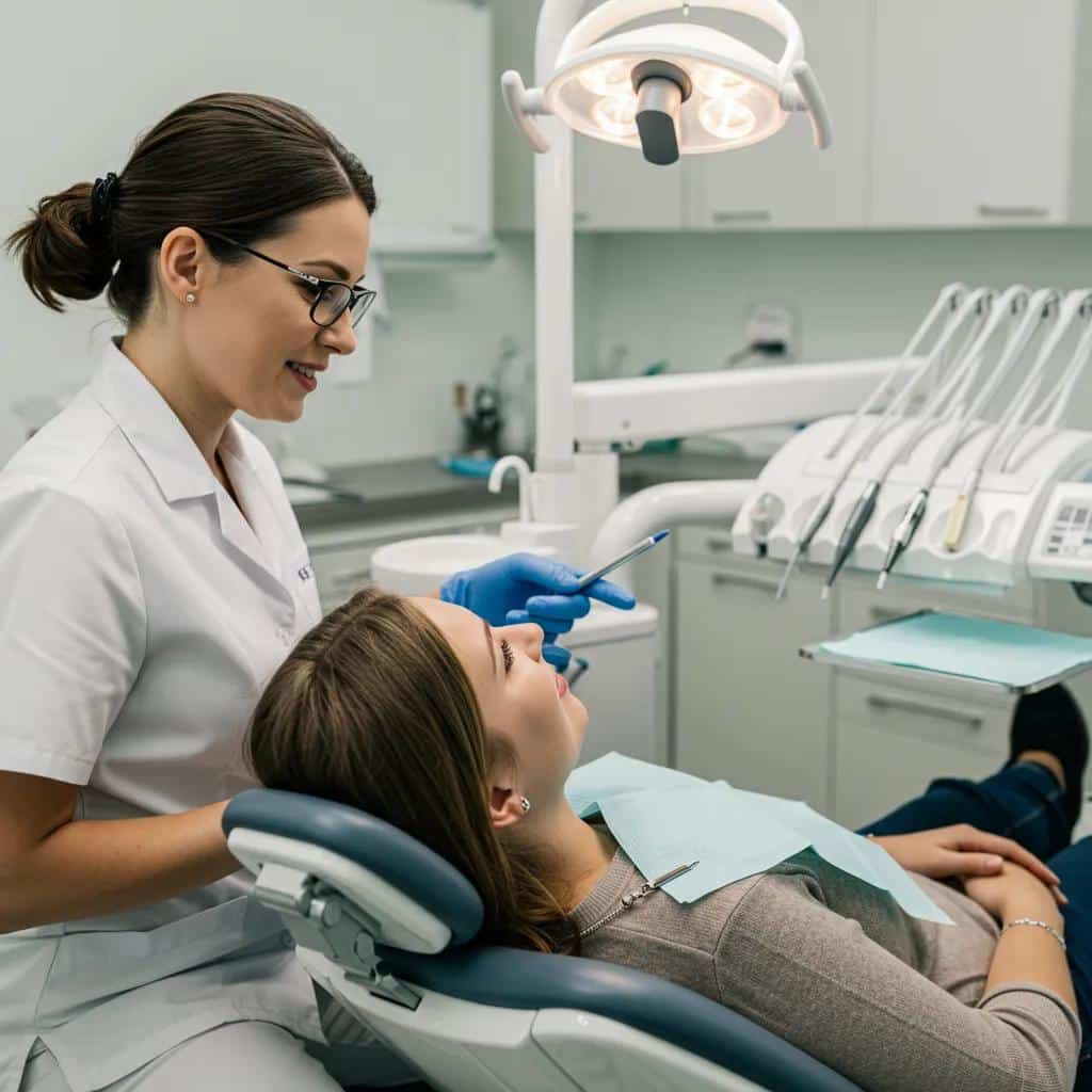 Patient receiving care for dental implant pain, with dentist explaining treatment options in a calm environment