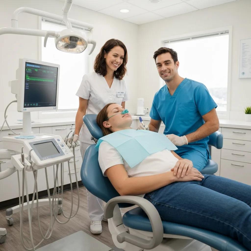 Patient receiving nitrous oxide sedation in a dental office, highlighting comfort and safety