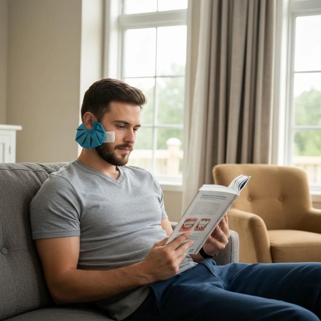 Patient recovering at home after dental implant surgery