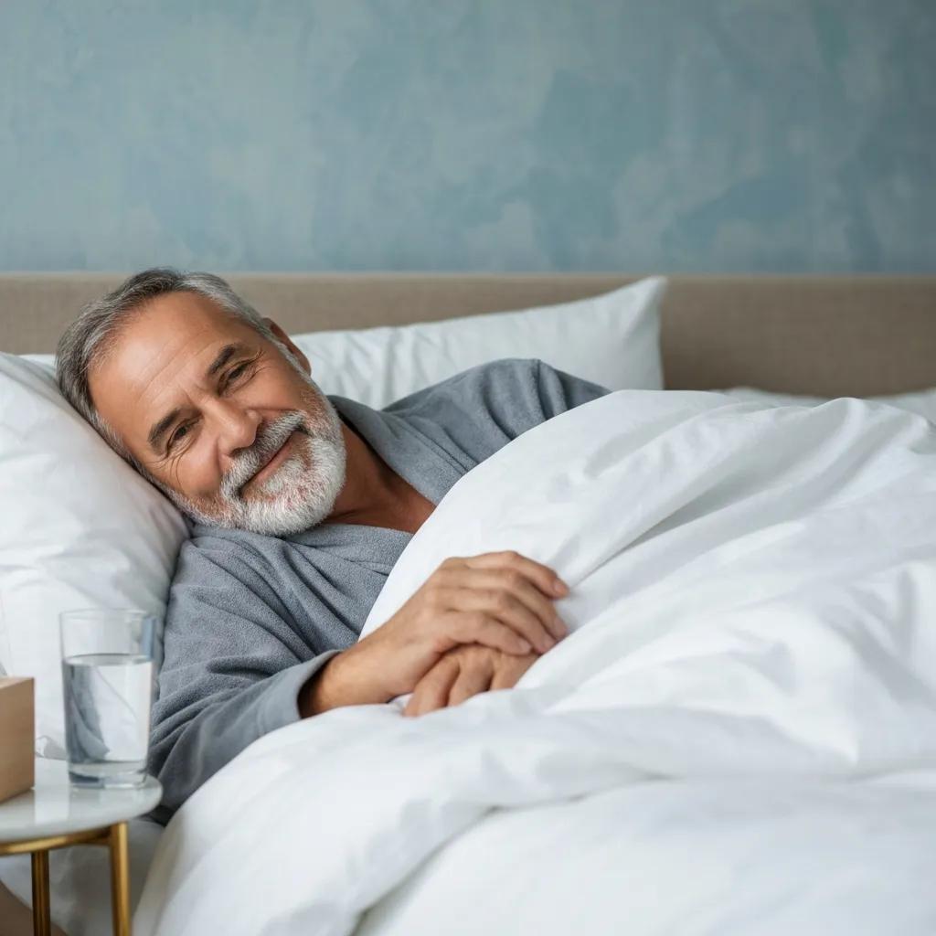 Patient resting at home during dental implant recovery, showcasing a cozy environment