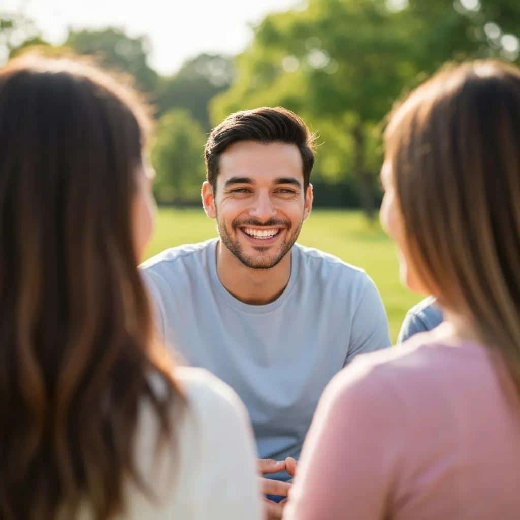 Patient smiling confidently after dental implant treatment in a joyful setting