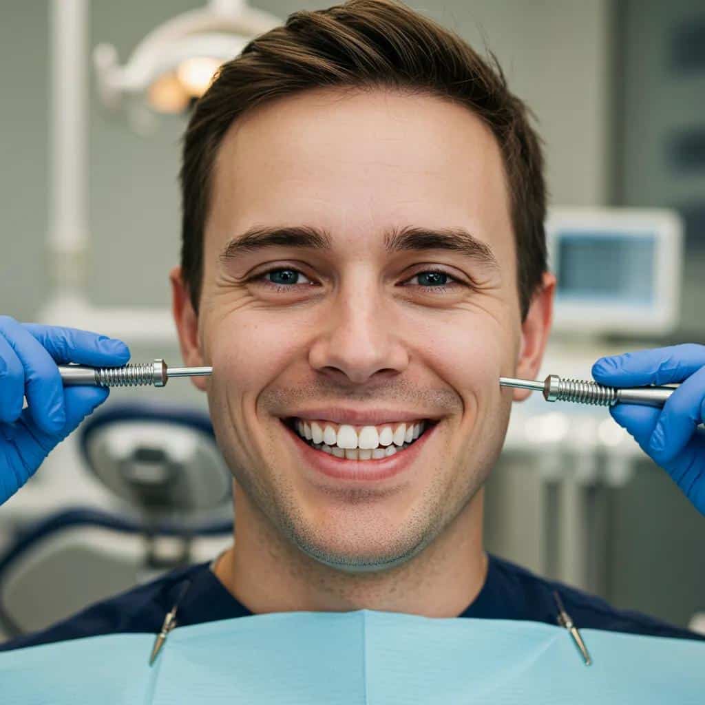 Patient smiling with full mouth dental implants in a dental office