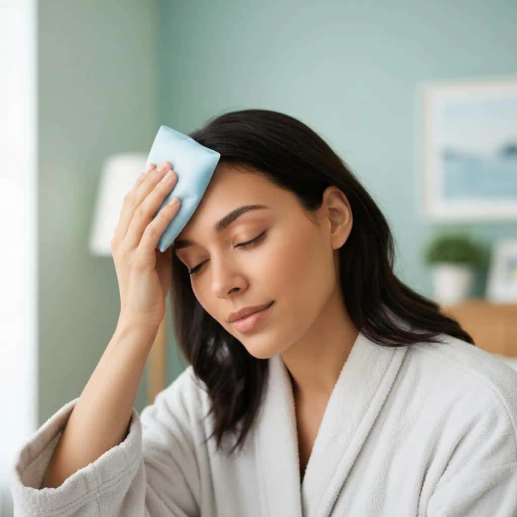 Patient using a cold pack for pain management after dental implant surgery, emphasizing comfort and recovery techniques