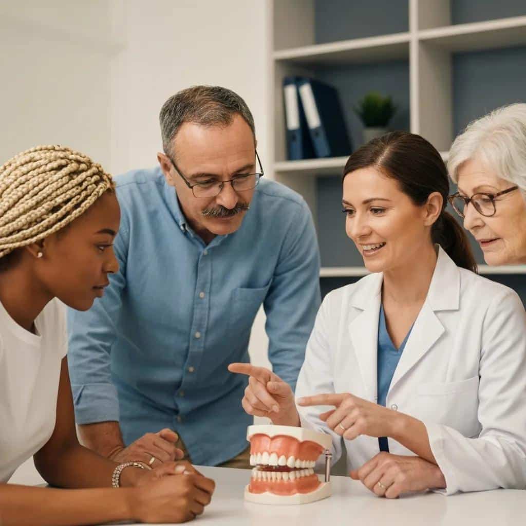 Dentist speaking with a patient about implant options in a modern exam room