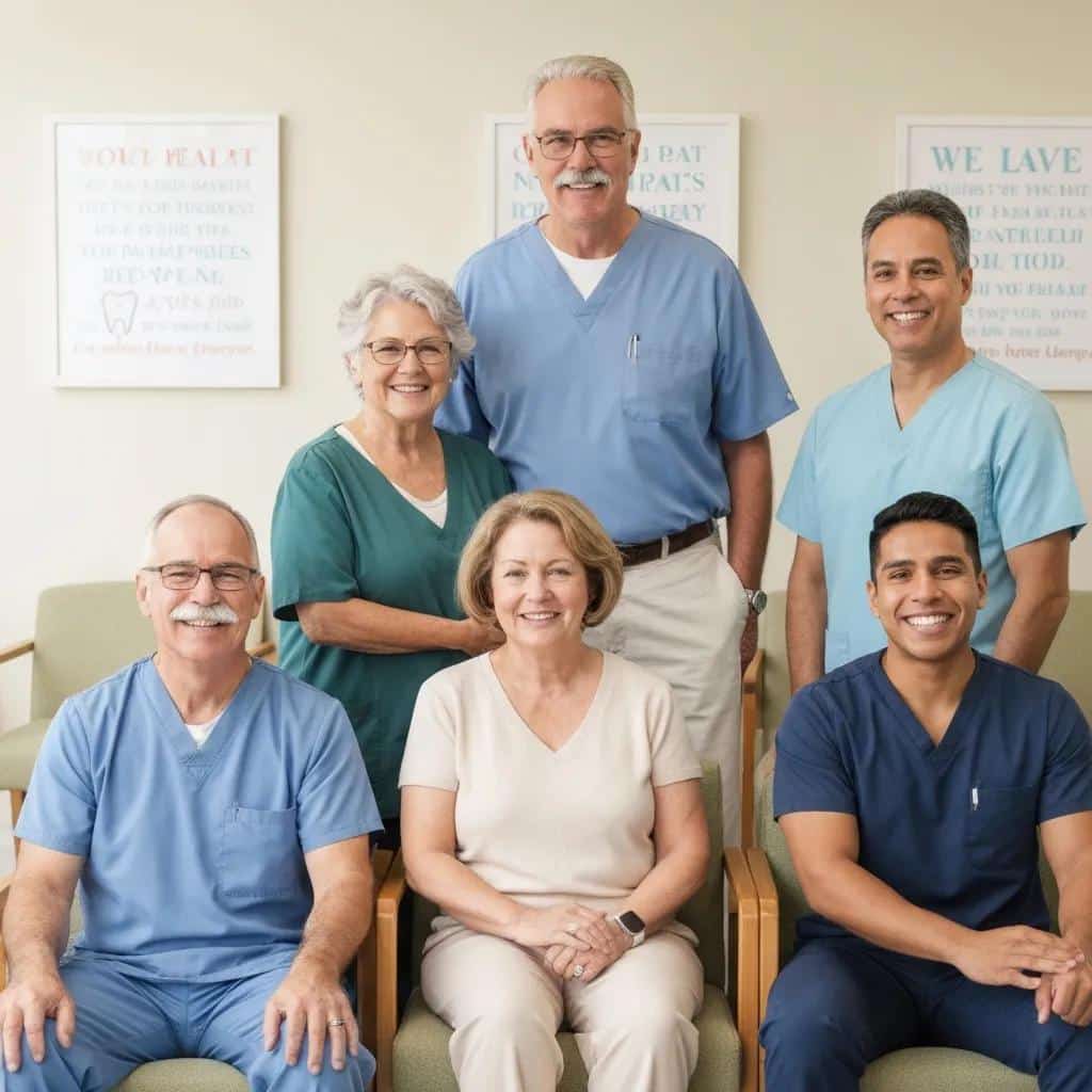 Patients and dentist discussing satisfaction with implants and dentures in clinic