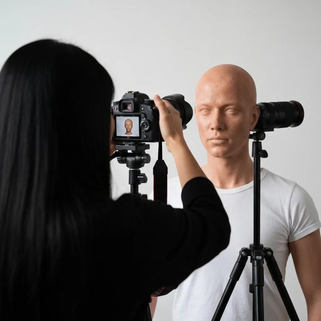Person capturing photographs of a human head for photogrammetry 3D modeling