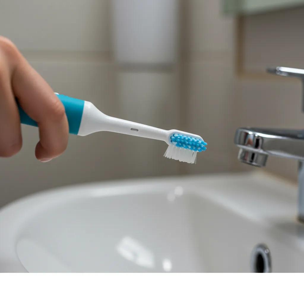 A person demonstrating gentle, effective brushing techniques for dental implants using a soft-bristle electric toothbrush