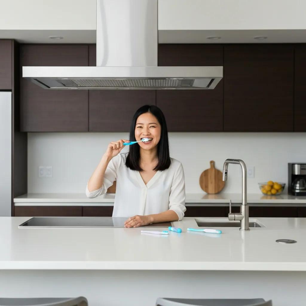 Person brushing teeth and cleaning around a dental implant at home