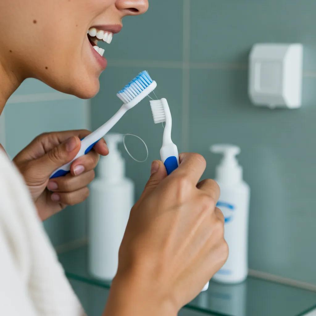 Person practicing daily oral hygiene for dental implants with toothbrush and specialized floss in a bright bathroom
