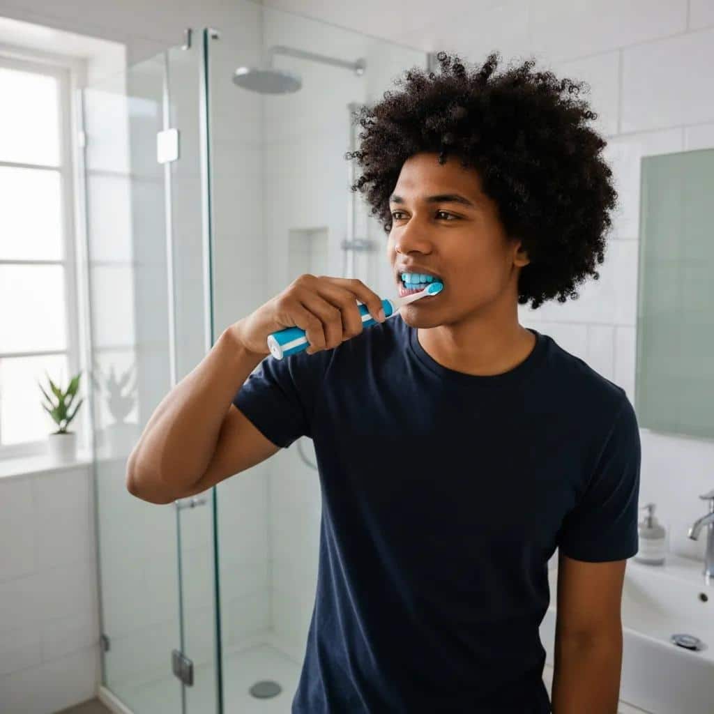 Person caring for dental implants with a soft toothbrush and floss in a bright bathroom