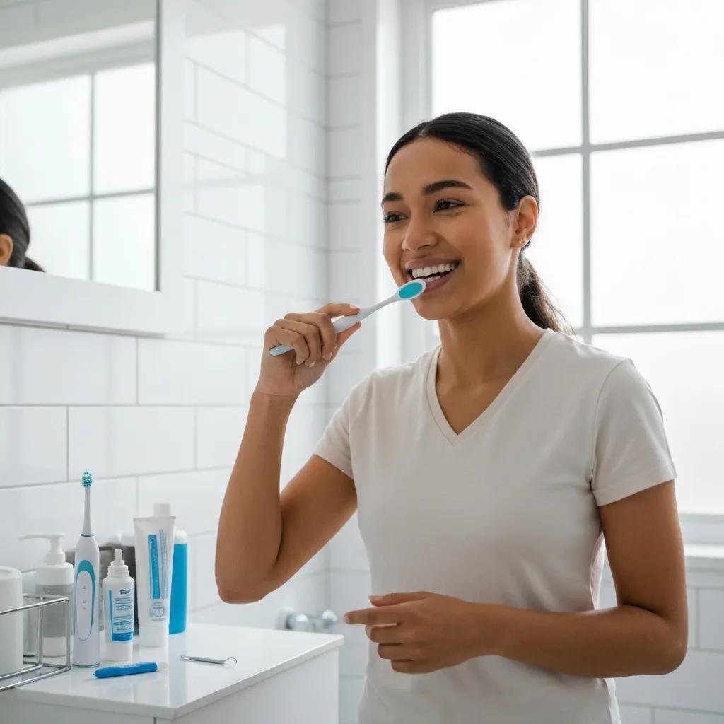 Person using interdental brush and electric toothbrush to care for implants