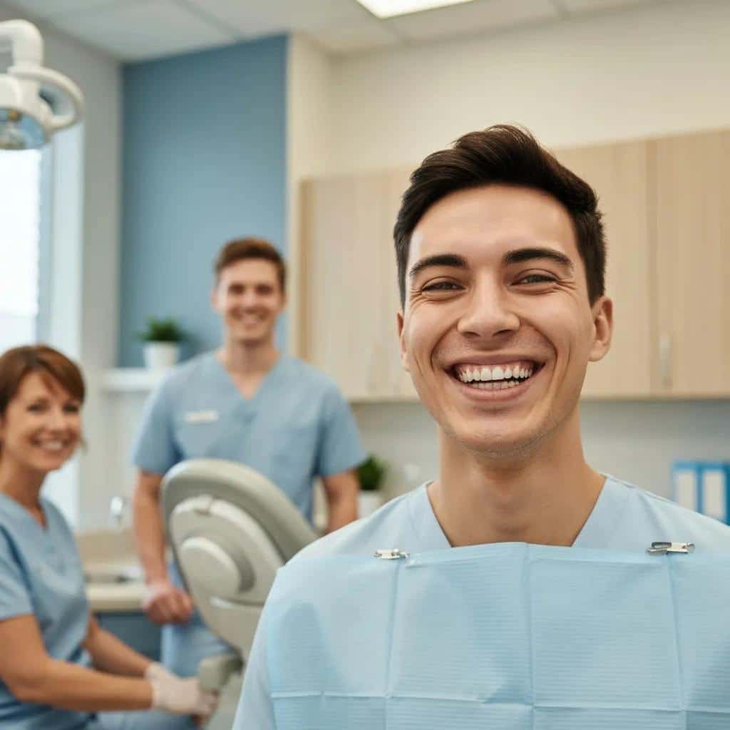 Satisfied dental implant patient smiling in a dental office