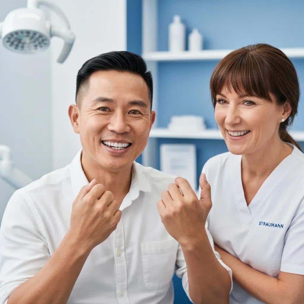 Satisfied patient showcasing confidence after receiving Straumann dental implants