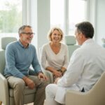 Smiling couple discussing dental implants with a dentist in a welcoming dental office