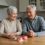 Smiling elderly couple discussing denture care in a cozy kitchen
