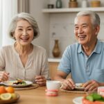 Smiling elderly couple enjoying a meal, showcasing the benefits of dentures for improved confidence and social interaction
