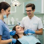 Smiling patient consulting with a dentist about dental implants in a modern clinic
