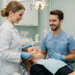 Smiling patient consulting with a dentist about dental implants in a modern clinic