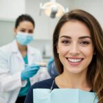 Smiling patient with dental implants in a bright dental office, showcasing confidence and satisfaction