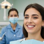 Smiling patient with dental implants in a dental clinic, showcasing natural appearance and satisfaction