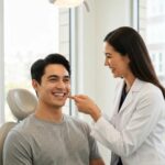 Smiling patient with dental implants in a modern dental clinic, showcasing confidence and satisfaction