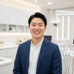 Smiling patient with dental implants in a modern dental clinic, showcasing confidence and satisfaction