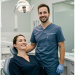 Smiling patient with dental professional in a modern dental office, highlighting the benefits of dental implants