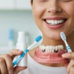 Smiling person demonstrating dental implant care with toothbrush and dental products
