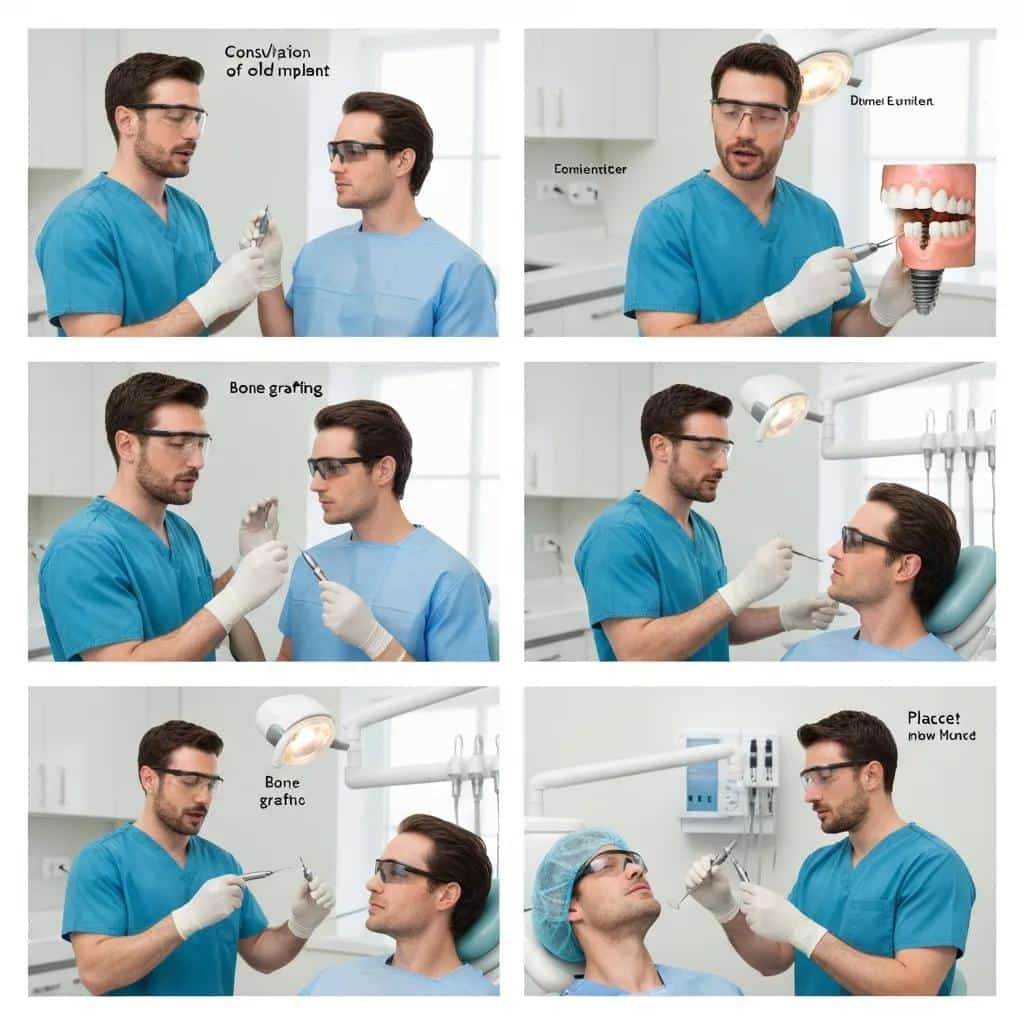 Illustration of the implant replacement steps: consult, removal, grafting, and re-implantation
