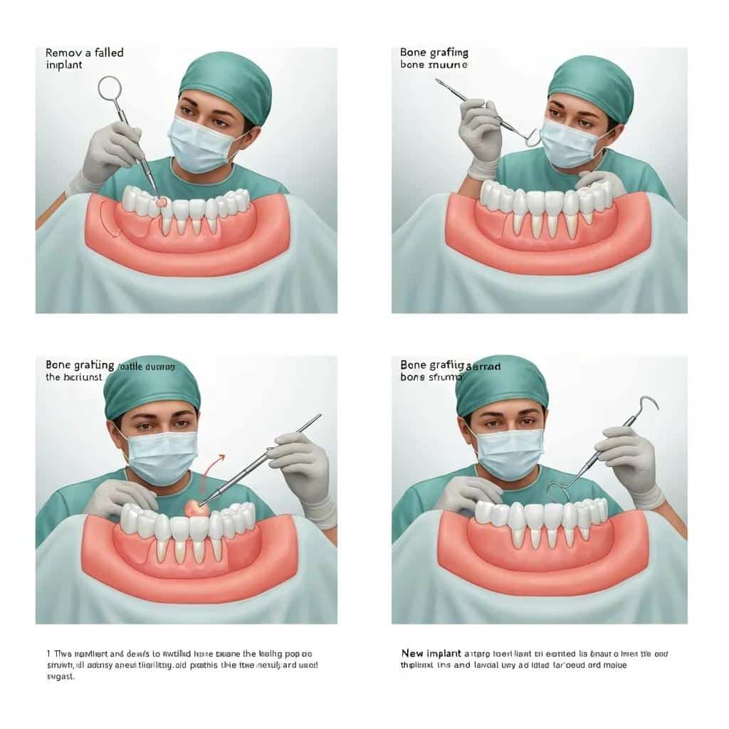 Step-by-step process of dental implant replacement including removal, grafting, and new implant placement
