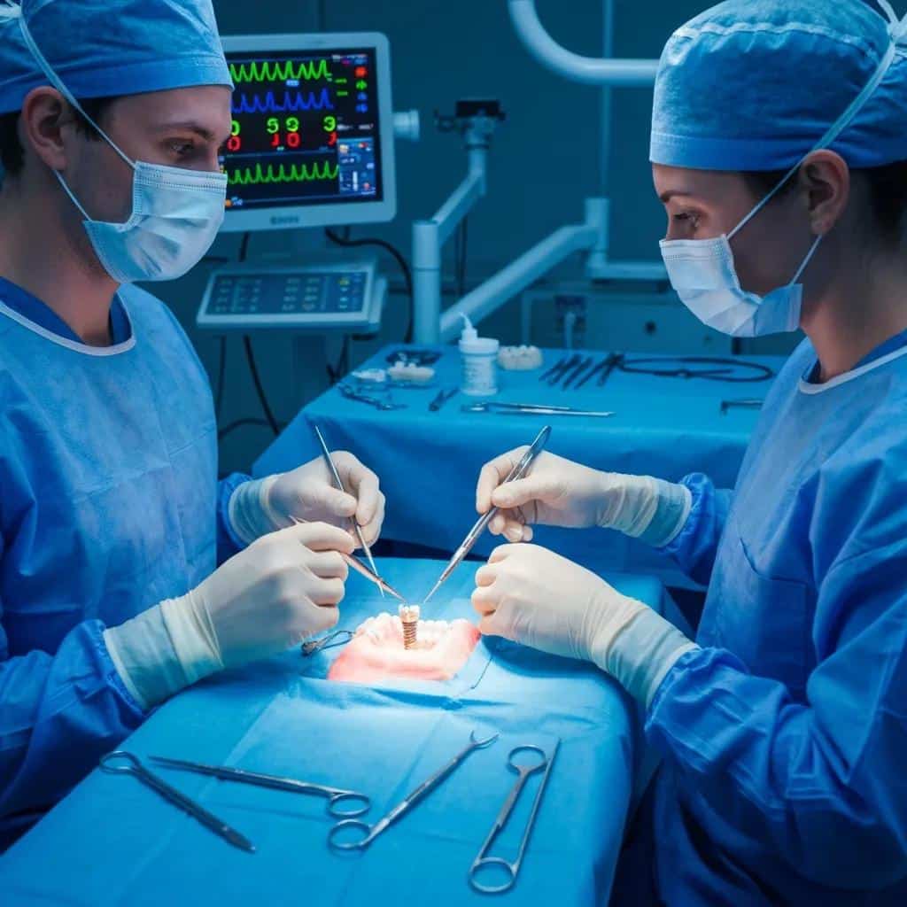 Surgical team performing dental implant revision surgery with focus on implant removal